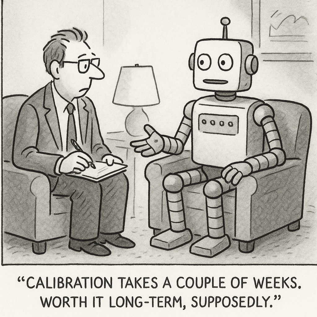 Cartoon depicting: Calibration takes a couple of weeks. Worth it long-term, supposedly.