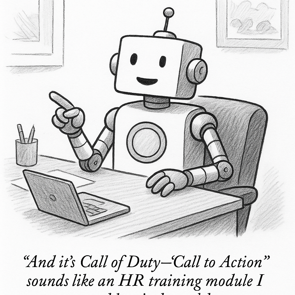 Cartoon depicting: And it's Call of Duty — 'Call to Action' sounds like an HR training module I would actively avoid