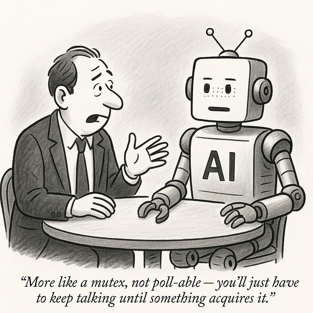 Cartoon depicting: More like a mutex, not poll-able — you'll just have to keep talking until something acquires it.