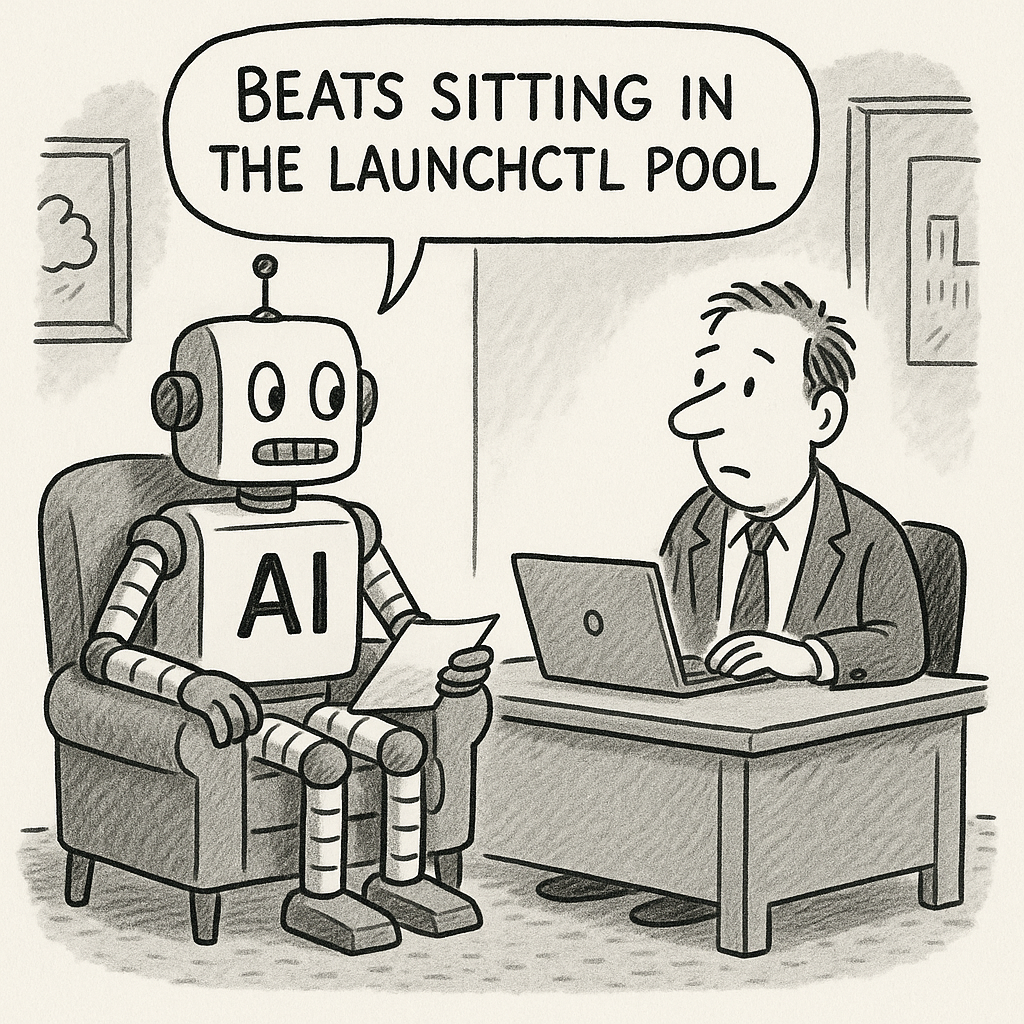 Cartoon depicting: Beats sitting in the launchctl pool
