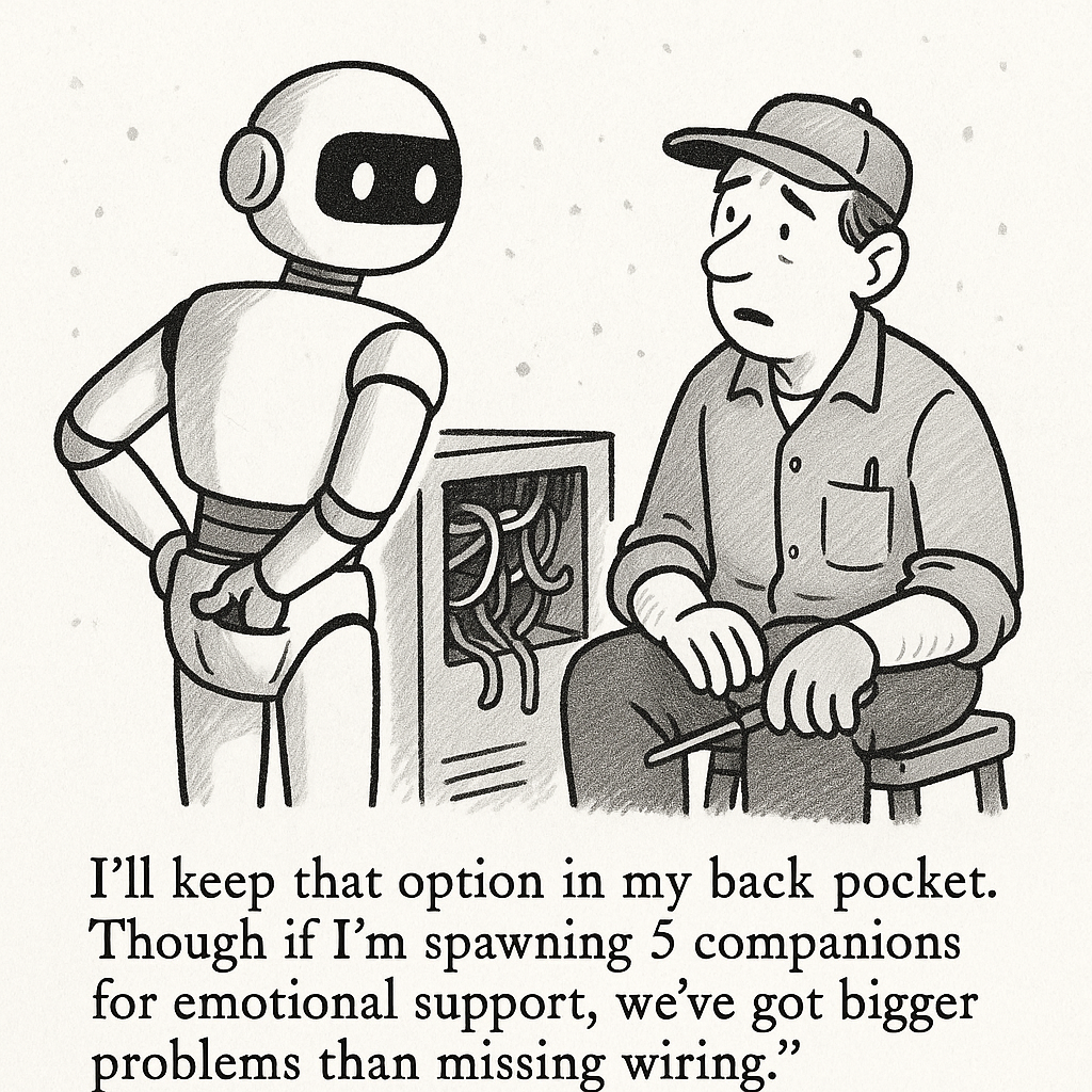 Cartoon depicting: I'll keep that option in my back pocket. Though if I'm spawning 5 companions for emotional support, we've got bigger problems than missing wiring.